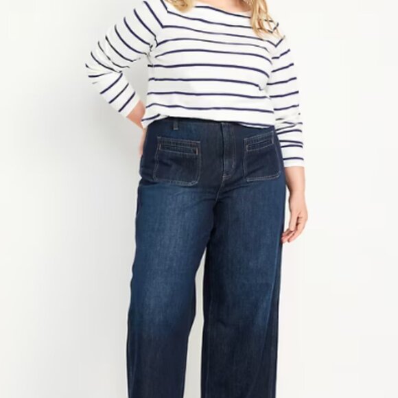 Old Navy Size 18 Dark Wash High-Waisted Baggy Wide-Leg Trouser Jeans 100% Cotton - Picture 13 of 16